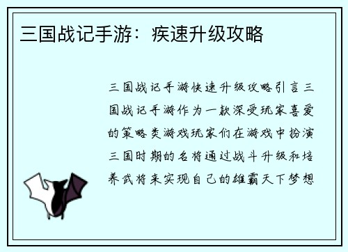 三国战记手游：疾速升级攻略