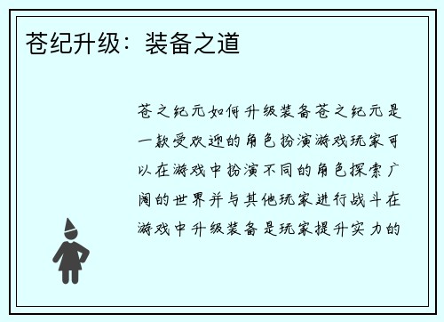 苍纪升级:装备之道